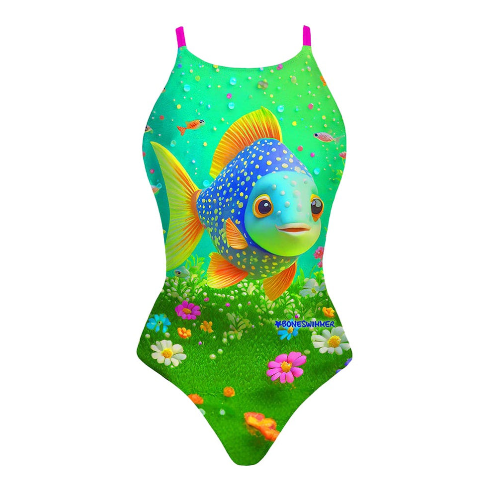 Costume da allenamento nuoto Boneswimmer da donna, modello intero PINUP 145if con stampa di un pesce colorato stile fumetto in un giardino subacqueo, fronte