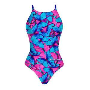 Costume da allenamento nuoto Boneswimmer da donna, modello intero IBIZA 148if SETA con stampa di farfalle rosa fluo e azzurro, fronte