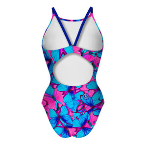 Costume da allenamento nuoto Boneswimmer da donna, modello intero IBIZA 148if SETA con stampa di farfalle rosa fluo e azzurro, retro