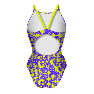 Costume allenamento nuoto Boneswimmer donna, modello intero IBIZA 149if SICILY con stampa in stile maioliche siciliane su sfondo giallo fluo, retro