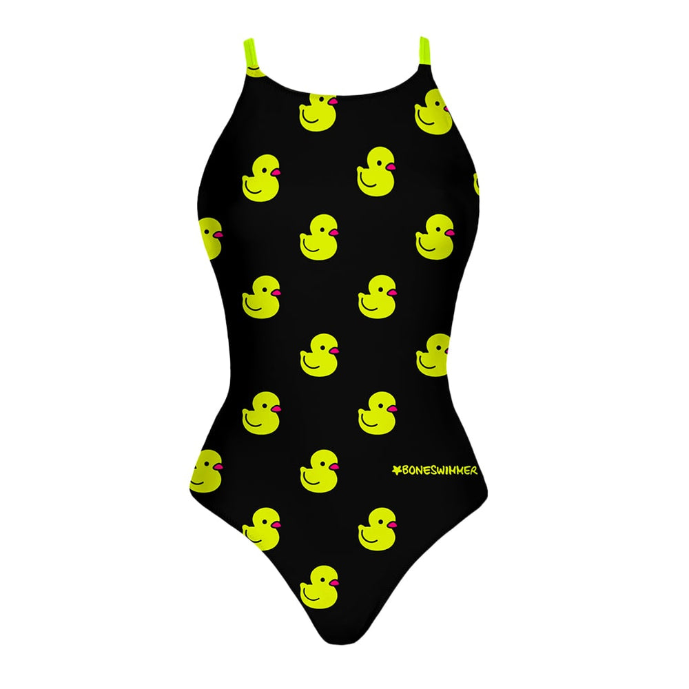 Costume da allenamento nuoto Boneswimmer da donna, modello intero IBIZA 150if LOTTY con stampa di  paperelle giallo fluo su sfondo nero, fronte