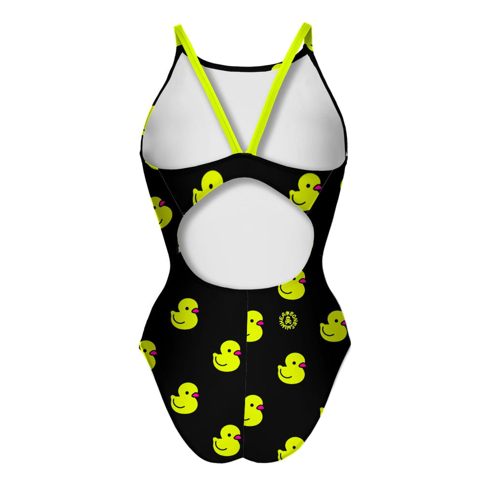 Costume da allenamento nuoto Boneswimmer da donna, modello intero IBIZA 150if LOTTY con stampa di  paperelle giallo fluo su sfondo nero, retro