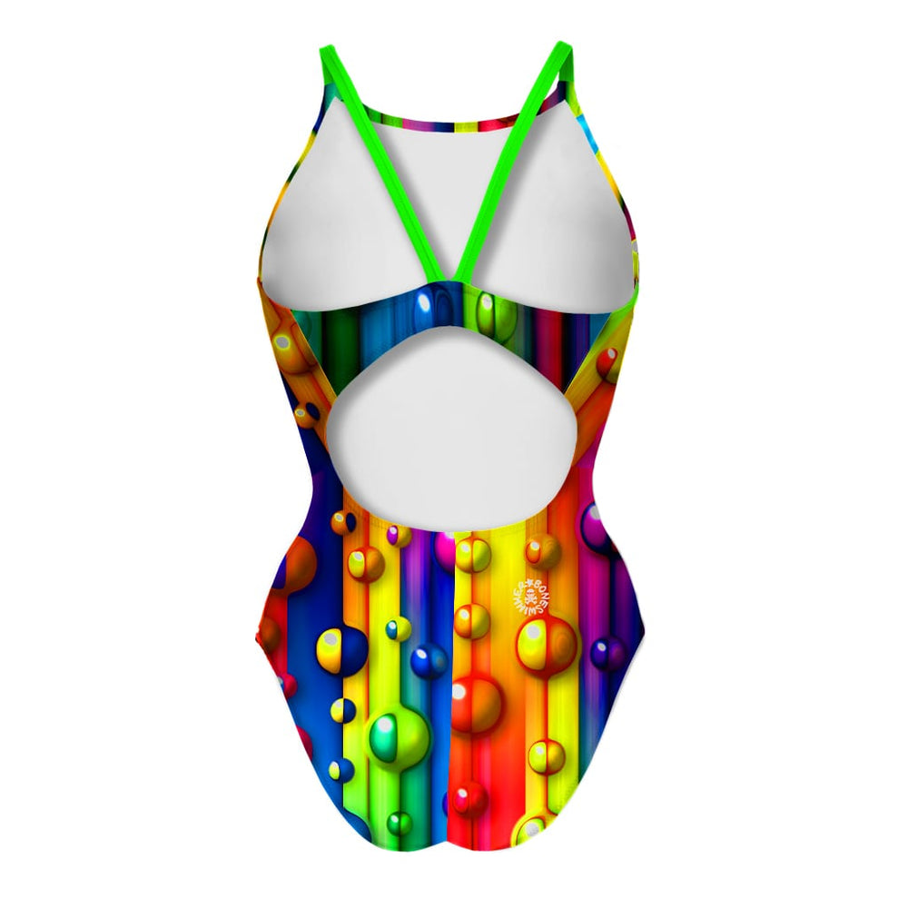 Costume da allenamento nuoto Boneswimmer da donna, modello intero IBIZA 151if stampa con una rana immersa in un mondo acquatico fluo, retro