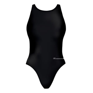 Costume da allenamento nuoto Boneswimmer da donna, modello intero PINUP 237p completamente nero con un piccolo logo discreto sul lato, fronte