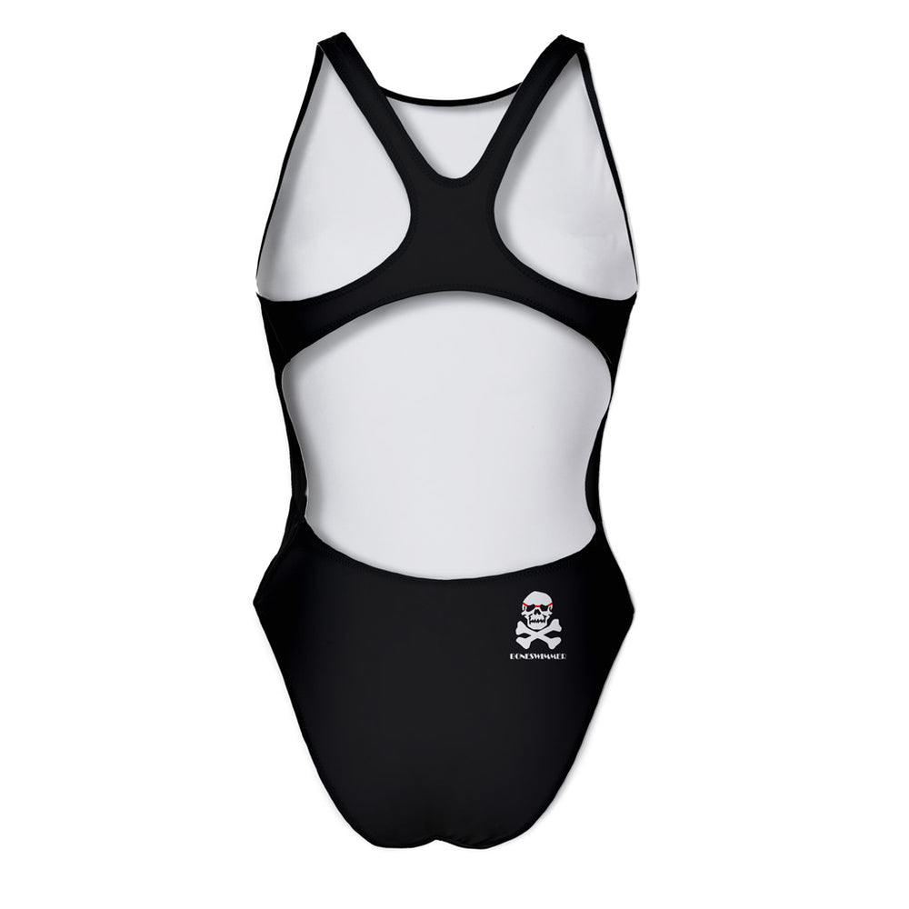 Costume da allenamento nuoto Boneswimmer da donna, modello intero PINUP 237p completamente nero con un piccolo logo discreto sul lato, retro