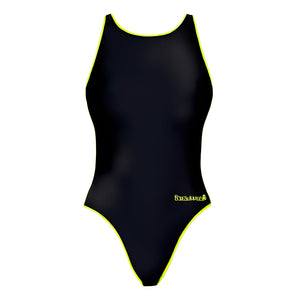 Costume da allenamento nuoto Boneswimmer da bambina, modello intero PINUP 406p con stampa Total Black con profili giallo fluo stampati, fronte