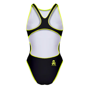 Costume da allenamento nuoto Boneswimmer da donna, modello intero PINUP 406p con stampa Total Black con profili giallo fluo stampati, retro