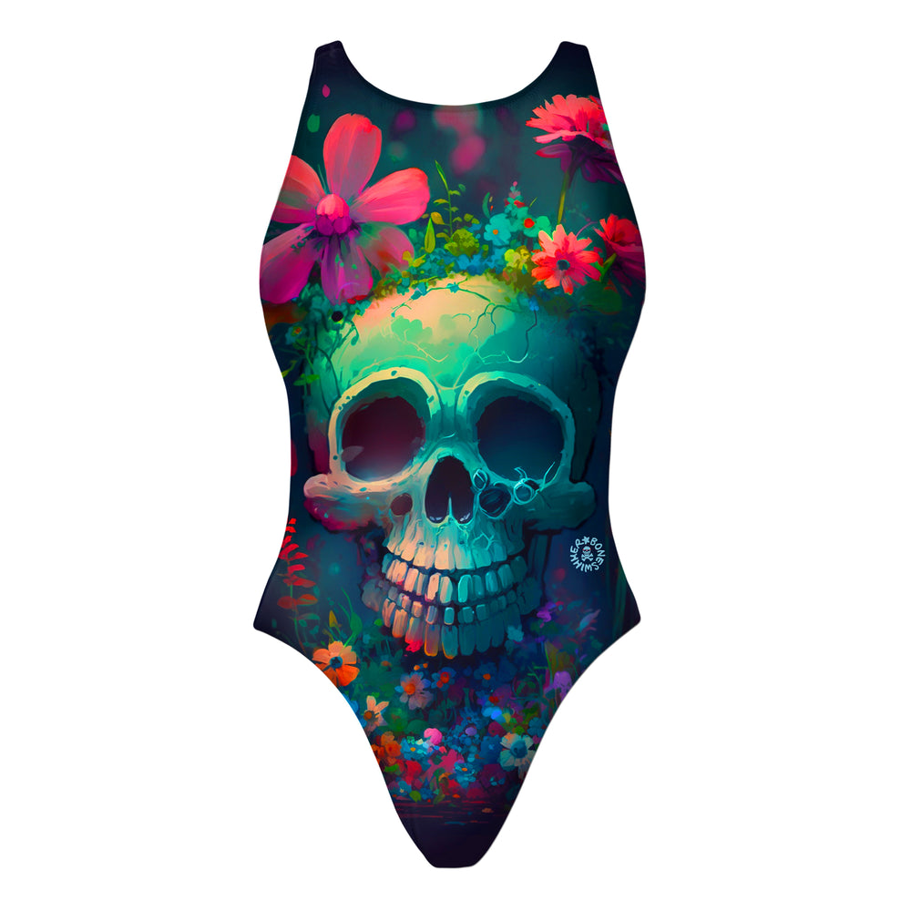 Costume da allenamento nuoto Boneswimmer da donna, modello intero PINUP 323pf con stampa di un teschio circondato da fiori colorati, fronte