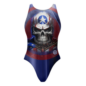 Costume da allenamento nuoto Boneswimmer da donna, modello intero PINUP 331p con stampa di un teschio con l'elmo ispirato alla bandiera americana, fronte