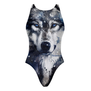 Costume da allenamento nuoto Boneswimmer da donna, modello intero PINUP 337p con stampa di close-up del volto di un lupo dallo sguardo intenso realizzato con tecnica pittura e acquerello, fronte