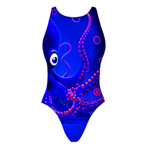 Costume da allenamento nuoto Boneswimmer da donna, modello intero PINUP 378p con stampa di un simpatico polpo dalle ventose fluo su uno sfondo blu elettrico, fronte