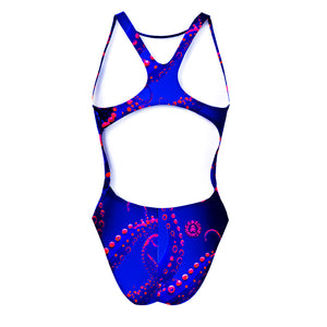 Costume da allenamento nuoto Boneswimmer da donna, modello intero PINUP 378p con stampa di un simpatico polpo dalle ventose fluo su uno sfondo blu elettrico, retro