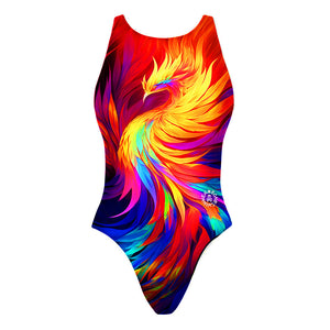 Costume da allenamento nuoto Boneswimmer da donna, modello intero PINUP 379p con stampa di un fenice dai colori accesi, fronte