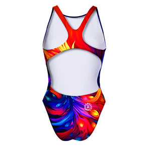 Costume da allenamento nuoto Boneswimmer da donna, modello intero PINUP 379p con stampa di un fenice dai colori accesi, retro