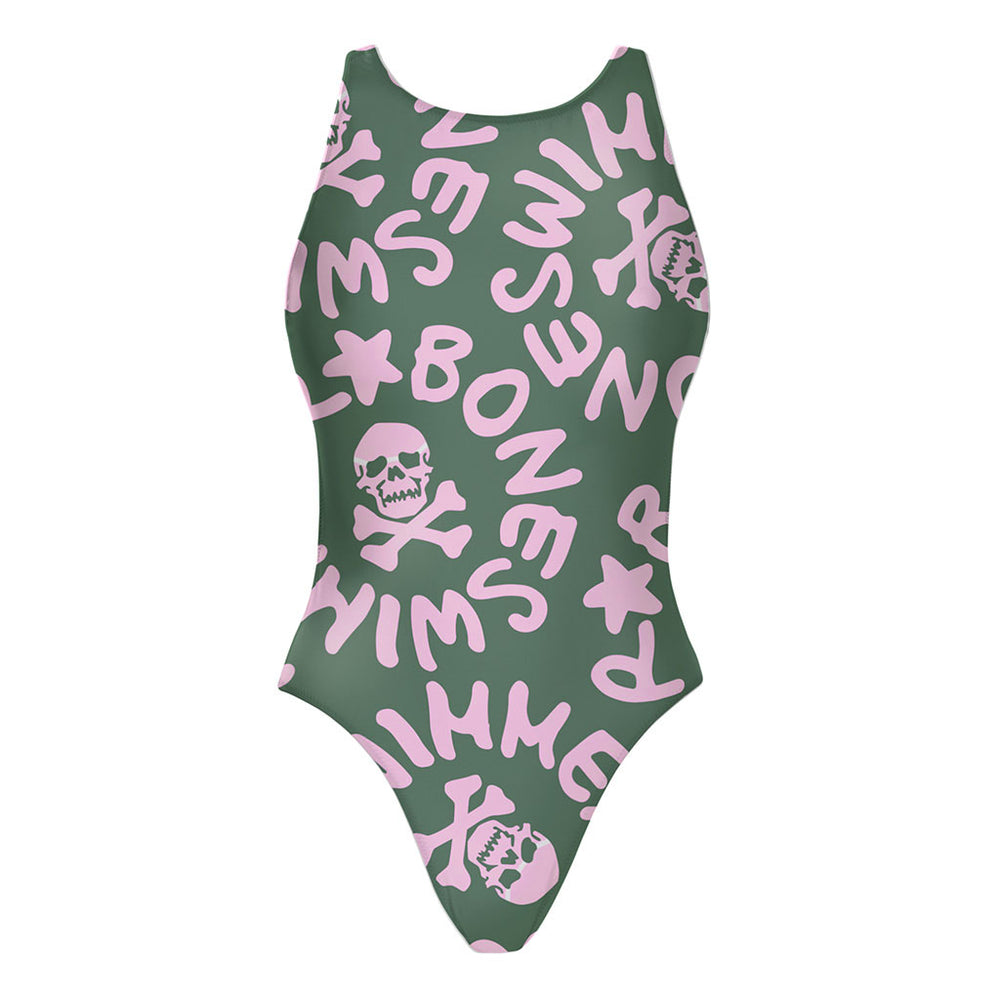 Costume da allenamento nuoto Boneswimmer da donna, modello intero PINUP 388p con stampa logo Boneswimmer® rosa chiaro su sfondo verde militare, fronte