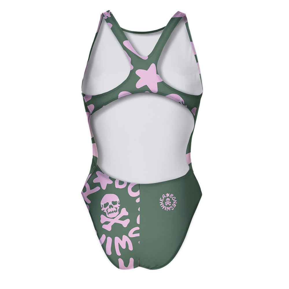 Costume da allenamento nuoto Boneswimmer da donna, modello intero PINUP 388p con stampa logo Boneswimmer® rosa chiaro su sfondo verde militare, retro