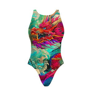 Costume da allenamento nuoto Boneswimmer da donna, modello intero PINUP 402p con stampa di un leggendario drago cinese nella sua maestosità, eleganza e forza, fronte