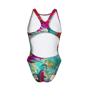 Costume da allenamento nuoto Boneswimmer da donna, modello intero PINUP 402p con stampa di un leggendario drago cinese nella sua maestosità, eleganza e forza, retro