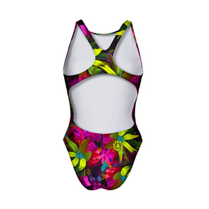 Costume da allenamento nuoto Boneswimmer da donna, modello intero PINUP 399p con stampa di un koala che si rinfresca tra viole e foglie di eucalipto, retro