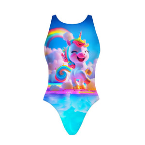 Costume da allenamento nuoto Boneswimmer da donna, modello intero PINUP 405p con stampa di un un dolce e gaudente unicorno tra nuvole e arcobaleni in mondo fluo, fronte