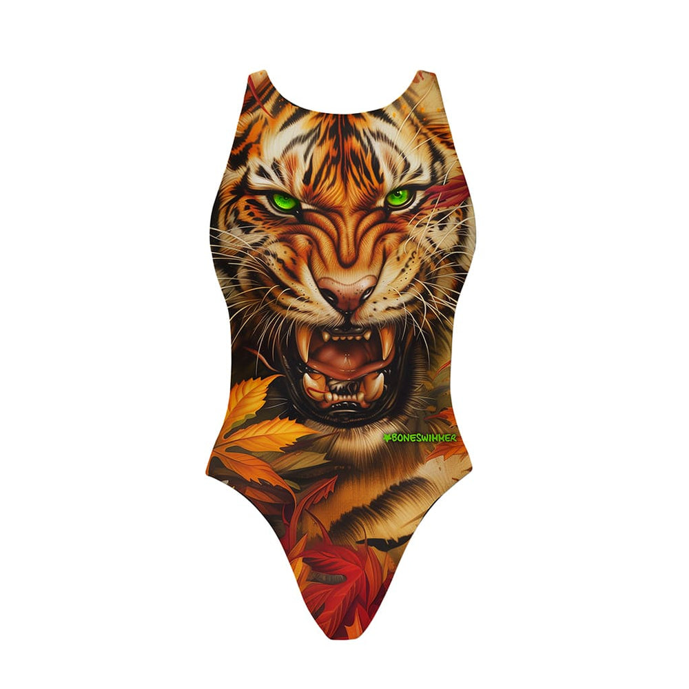 Costume da allenamento nuoto Boneswimmer da donna, modello intero PINUP 408p con stampa stampa di una tigre grintosa e affascinante che emerge dal fogliame autunnale, fronte