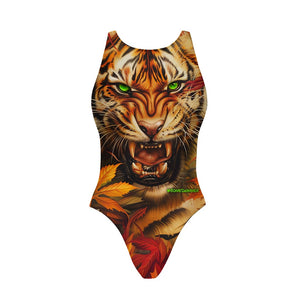 Costume da allenamento nuoto Boneswimmer da donna, modello intero PINUP 408p con stampa stampa di una tigre grintosa e affascinante che emerge dal fogliame autunnale, fronte