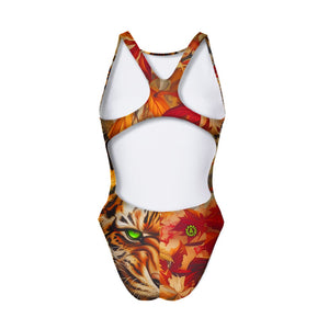 Costume da allenamento nuoto Boneswimmer da donna, modello intero PINUP 408p con stampa stampa di una tigre grintosa e affascinante che emerge dal fogliame autunnale, retro