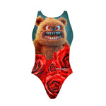 Costume da allenamento nuoto Boneswimmer da donna, modello intero PINUP 409p con grafica orsetto Bruto e rose, fronte