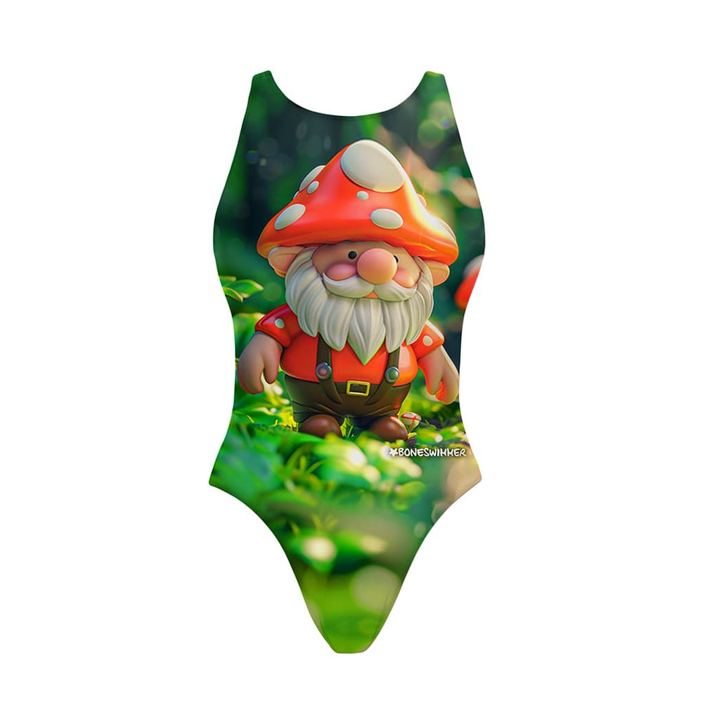 Costume da allenamento nuoto Boneswimmer da donna, modello intero PINUP 411p con stampa di funghi e gnomi in atmosfera autunnale stile cartoon, fronte