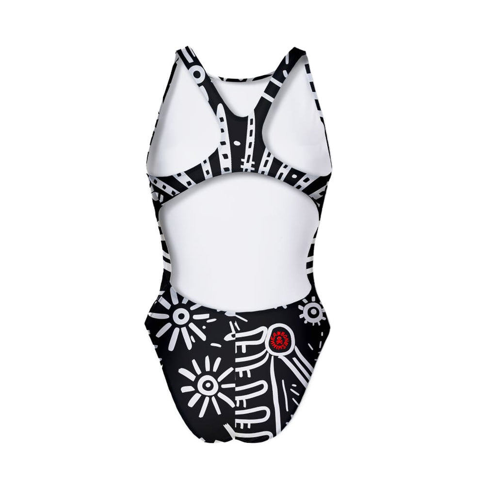 Costume da allenamento nuoto Boneswimmer da donna, modello intero PINUP 412p con stampa di un teschio e scheletro bianchi su fondo nero in stile messicano e tribale, fronte