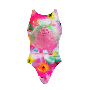 Costume da allenamento nuoto Boneswimmer da donna, modello intero PINUP 413pf con stampa di un mucca pelosa e morbida, tra colori sgargianti e fluo, fronte