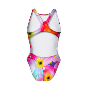 Costume da allenamento nuoto Boneswimmer da donna, modello intero PINUP 413pf con stampa di un mucca pelosa e morbida, tra colori sgargianti e fluo, retro