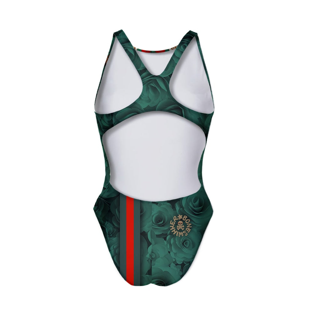 Costume da allenamento nuoto Boneswimmer per bambina, modello intero PINUP 414pf con stampa di un teschio glamour tra rose verde scuro, dettagli rossi e decorazioni dorate, retro