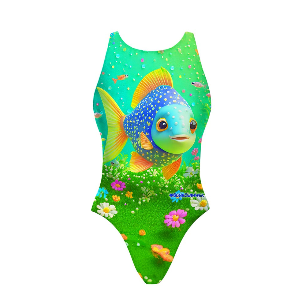 Costume da allenamento nuoto Boneswimmer da donna, modello intero PINUP 416pf con stampa di un pesce colorato stile fumetto in un giardino subacqueo, fronte