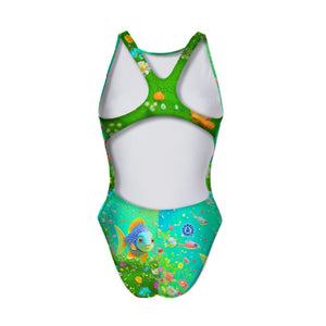 Costume da allenamento nuoto Boneswimmer da donna, modello intero PINUP 416pf con stampa di un pesce colorato stile fumetto in un giardino subacqueo, retro