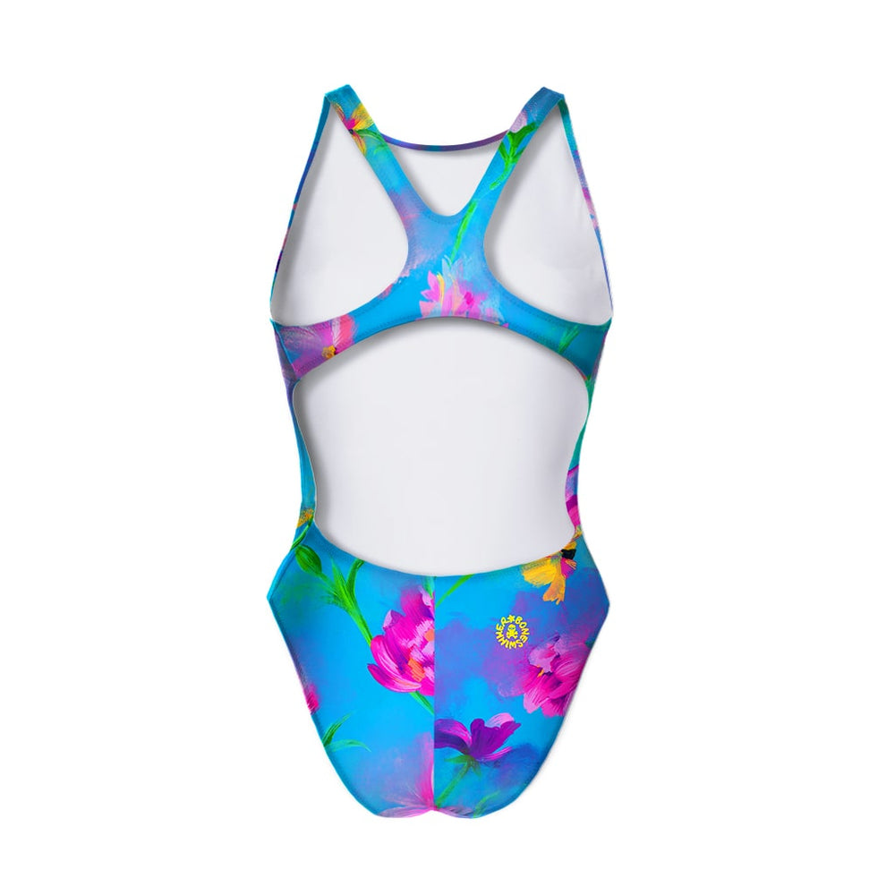 Costume da allenamento nuoto Boneswimmer da donna, modello intero PINUP 417pf con stampa di un teschio in stile Dia de los Muertos, decorato con fiori vivaci e colori brillanti su sfondo azzurro, retro