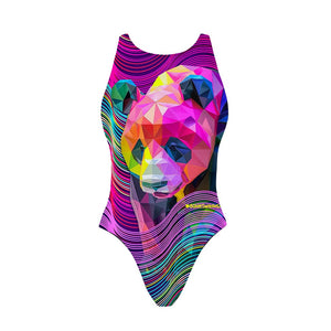 Costume da allenamento nuoto Boneswimmer da donna, modello intero PINUP 419pf con stampa maxi ritratto geometrico di un panda sfaccettato tra onde fluo, fronte