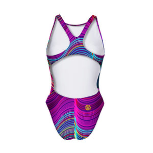 Costume da allenamento nuoto Boneswimmer da donna, modello intero PINUP 419pf con stampa maxi ritratto geometrico di un panda sfaccettato tra onde fluo, retro