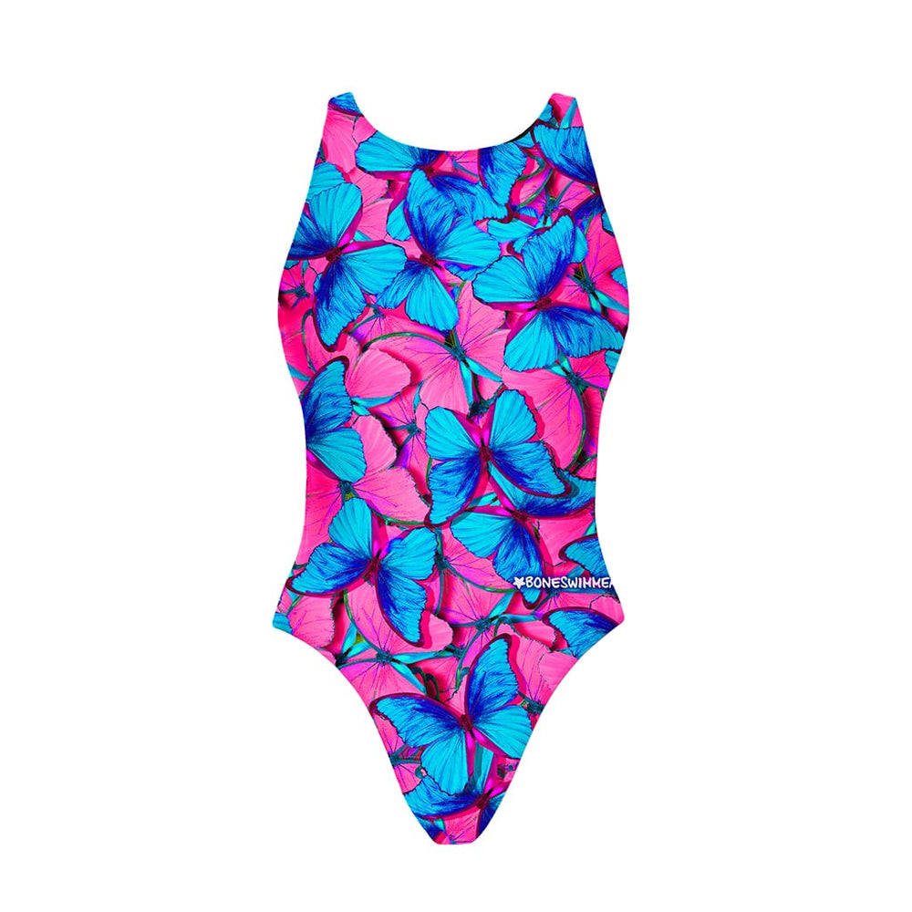 Costume da allenamento nuoto Boneswimmer da donna, modello intero PINUP 420pf con stampa di farfalle rosa fluo e azzurro, fronte