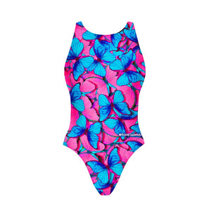 Costume da allenamento nuoto Boneswimmer da donna, modello intero PINUP 420pf con stampa di farfalle rosa fluo e azzurro, fronte