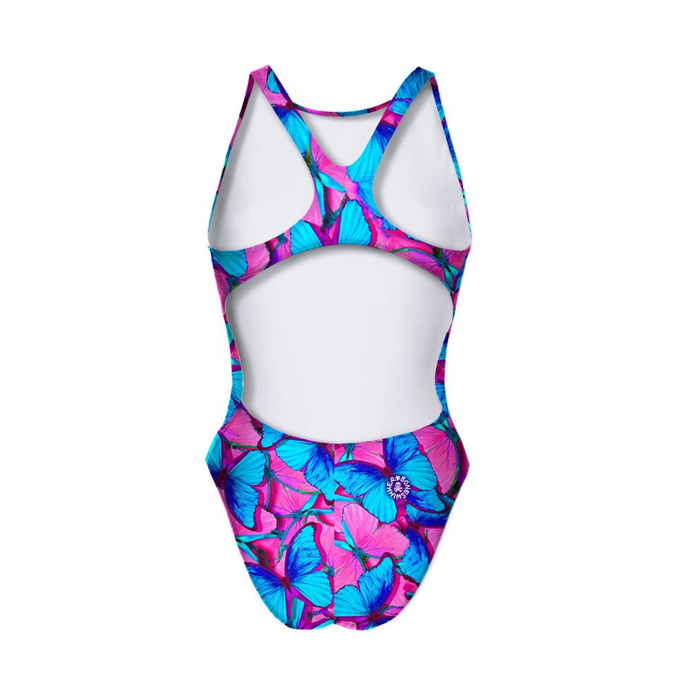 Costume da allenamento nuoto Boneswimmer da donna, modello intero PINUP 420pf con stampa di farfalle rosa fluo e azzurro, retro