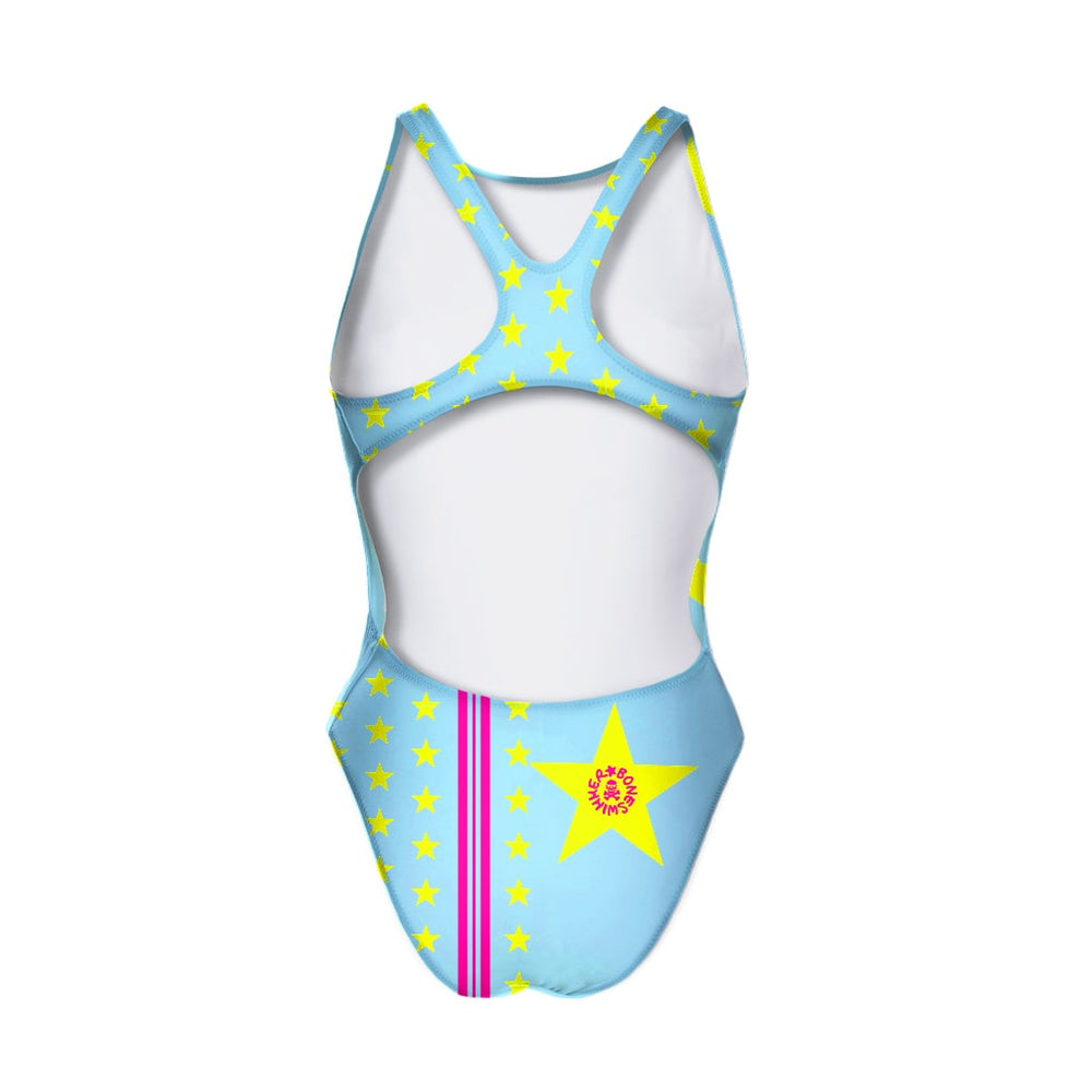 Costume da allenamento nuoto Boneswimmer da donna, modello intero PINUP 422pf con messaggio FUCK YOU in un lettering che riproduce la sagoma di una mano con il dito medio alzato, sullo sfondo azzurro con stelle giallo neon, retro