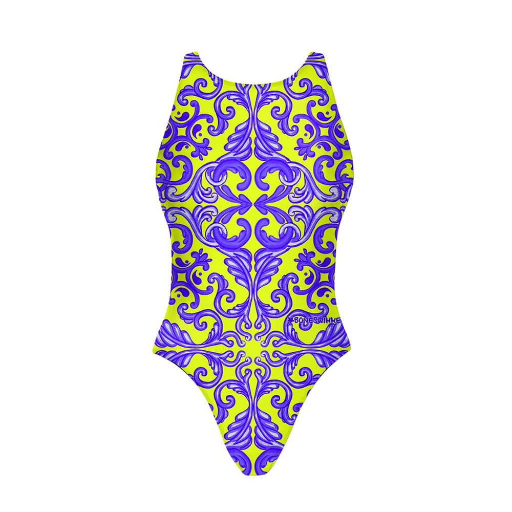 Costume allenamento nuoto Boneswimmer donna, modello intero PINUP 427pf con stampa in stile maioliche siciliane su sfondo giallo fluo, fronte