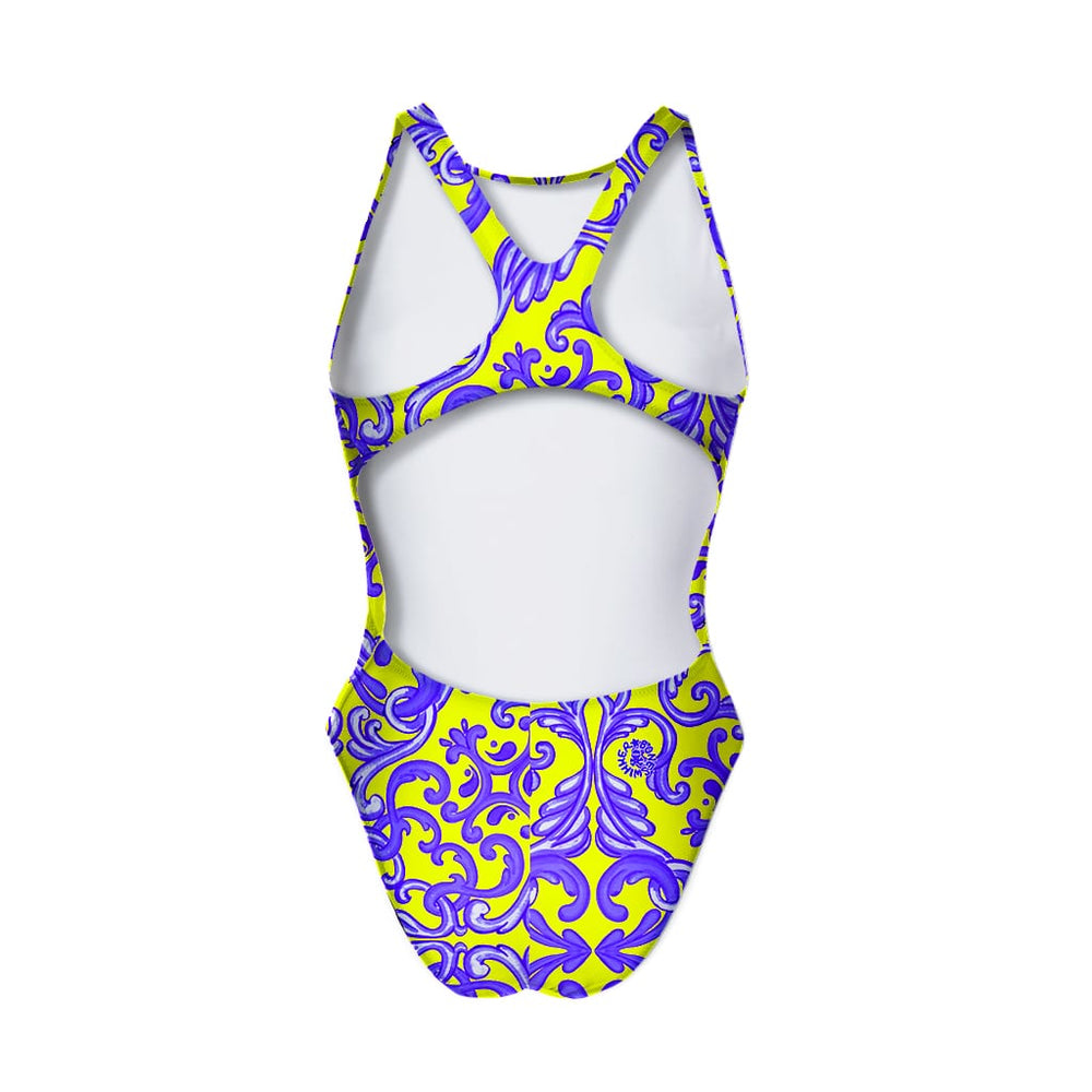 Costume allenamento nuoto Boneswimmer donna, modello intero PINUP 427pf con stampa in stile maioliche siciliane su sfondo giallo fluo, retro