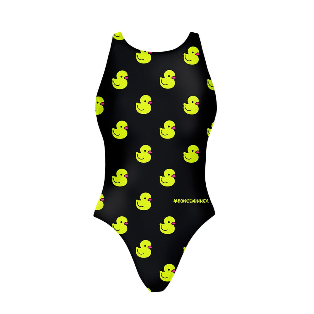 Costume allenamento nuoto Boneswimmer da donna, modello intero PINUP 428pf con paperelle giallo fluo su sfondo nero, fronte