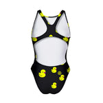 Costume allenamento nuoto Boneswimmer da donna, modello intero PINUP 428pf con paperelle giallo fluo su sfondo nero, retro