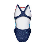 Costume da allenamento nuoto Boneswimmer da donna, modello intero PINUP 429pf con personaggi stilizzati in stile cartoon, con un coach e due nuotatori in abiti colorati, su uno sfondo geometrico e retro, retro