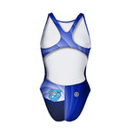 Costume da allenamento nuoto Boneswimmer da donna, modello intero PINUP 431p con scritta TOCCO IL FONDO MA POI RISALGO e uno squalo muscoloso, retro