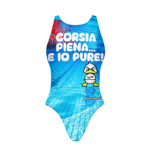 Costume per allenamento nuoto Boneswimmer da donna, modello intero PINUP 432p con grafica con paperotto imbrociato e scritta, fronte