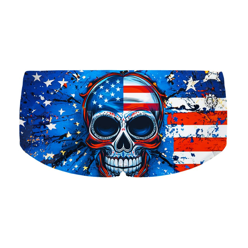 Costume taglio parigamba da uomo per allenamento nuoto in piscina Boneswimmer, modello UCLA 189U - STARSKULL con stampa di un teschio vrappato come una bandiera americana, retro